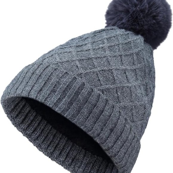 BYOS, Womens, Cable Knit, Grey Hat w/Faux Fur Pom Pom/ Mauve Trimmed Grey Glove - Picture 2 of 7